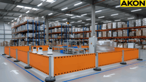 Automated warehouse area with retractable safety barriers guiding access around robotic workstations