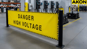 Battery charging station protected by retractable safety barriers in a busy warehouse environments