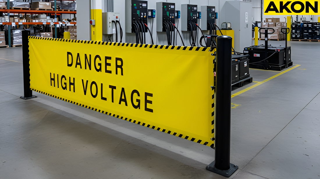 Battery charging station protected by retractable safety barriers in a busy warehouse environments