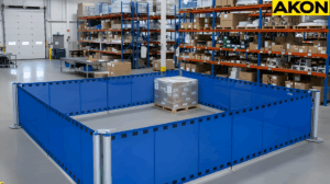 Retractable barrier fence creating a flexible quarantine area around pallets awaiting QA approvals