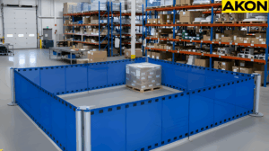 Isometric view of warehouse quarantine area with retractable barrier fencing for QA hold inventory controls