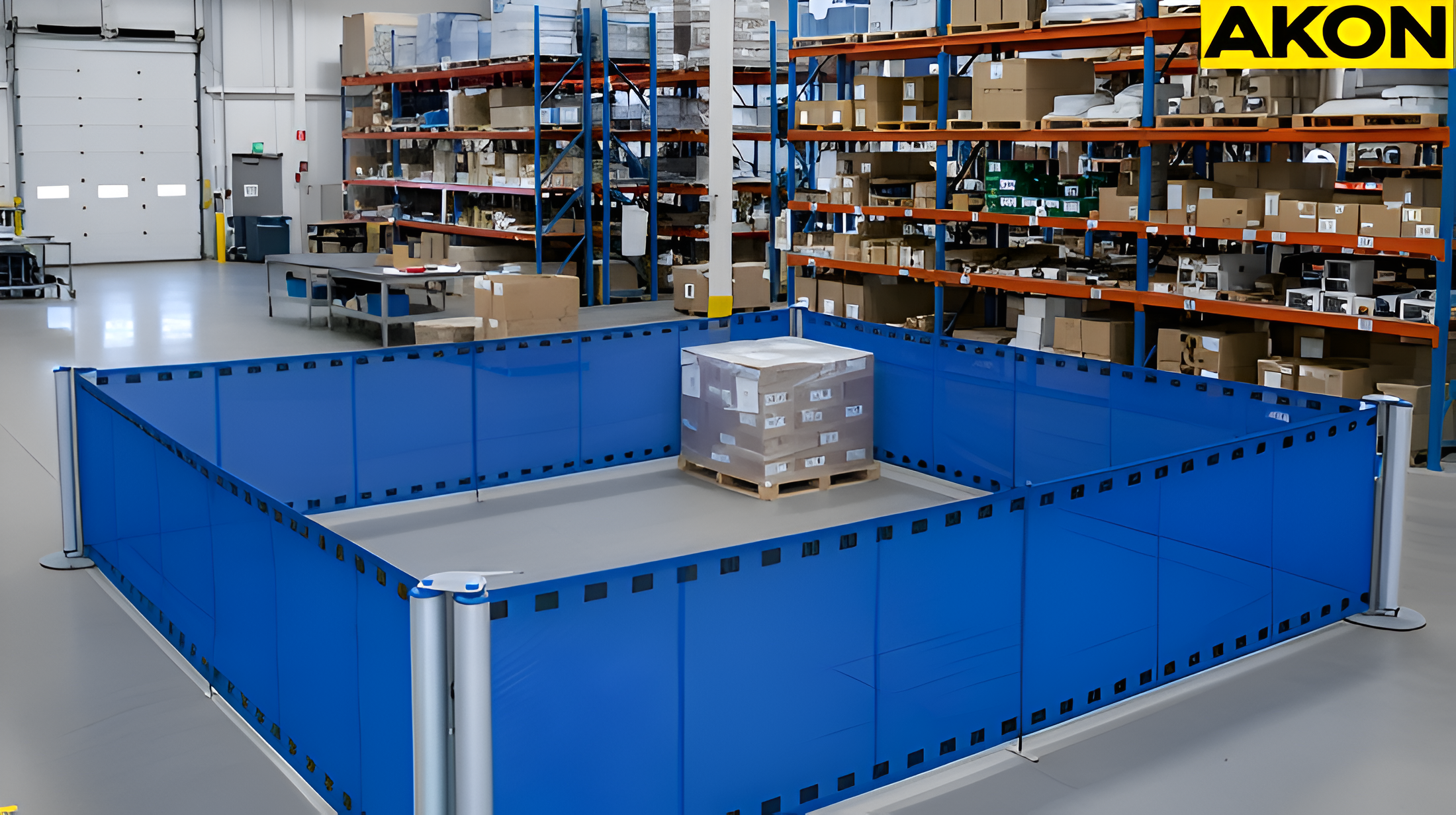 Isometric view of warehouse quarantine area with retractable barrier fencing for QA hold inventory controls