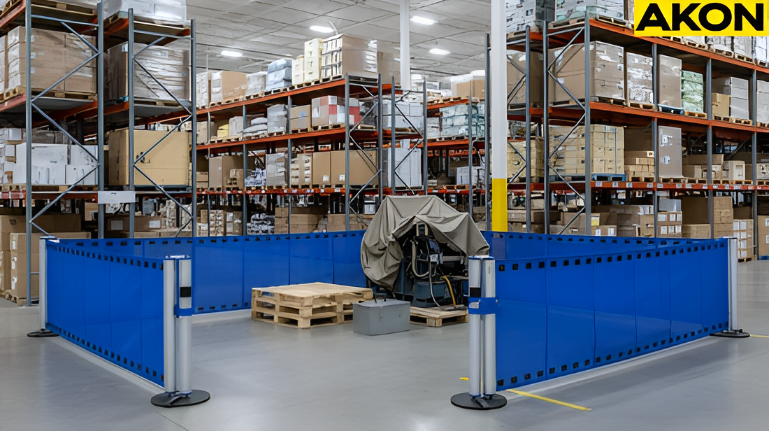 Blue retractable barriers forming a controlled access area around equipments in a warehouse