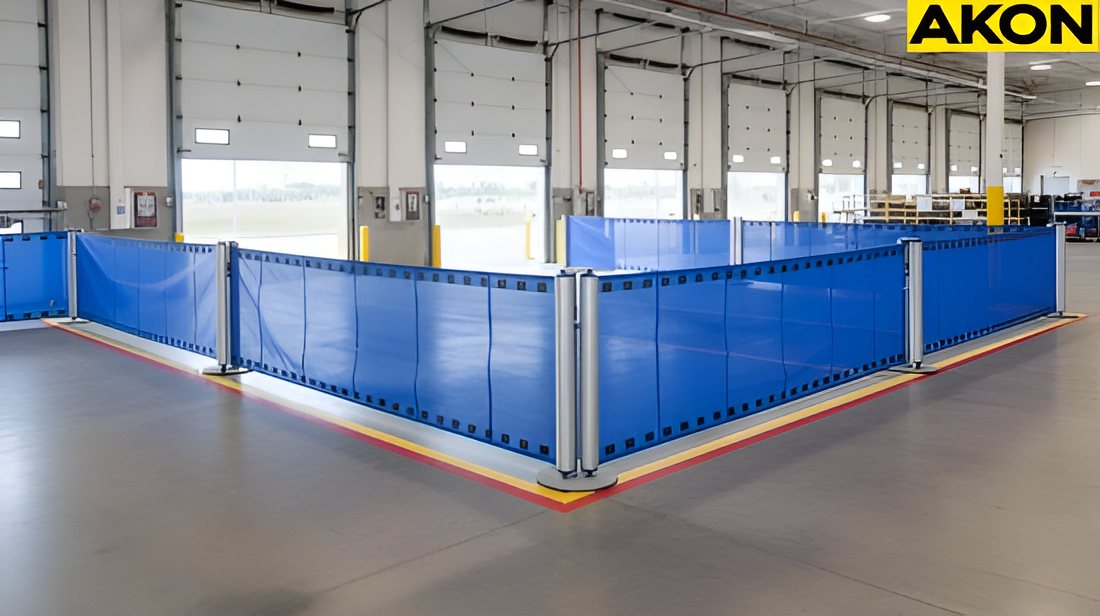 Blue retractable barriers forming a controlled access area near warehouse loading dock