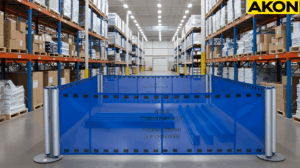 Blue retractable fence barrier enclosing a damaged rack zone in a warehouse aisles