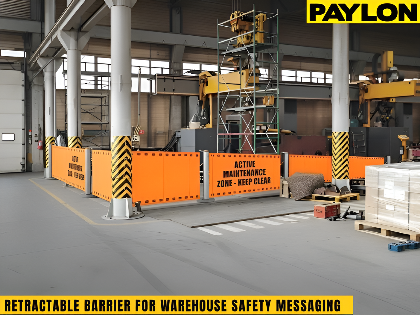 Custom printed retractable barrier enclosing an active maintenance zones inside a warehouse