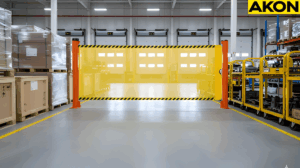 Dual retractable barrier closing off a warehouse aisle for temporary access controls