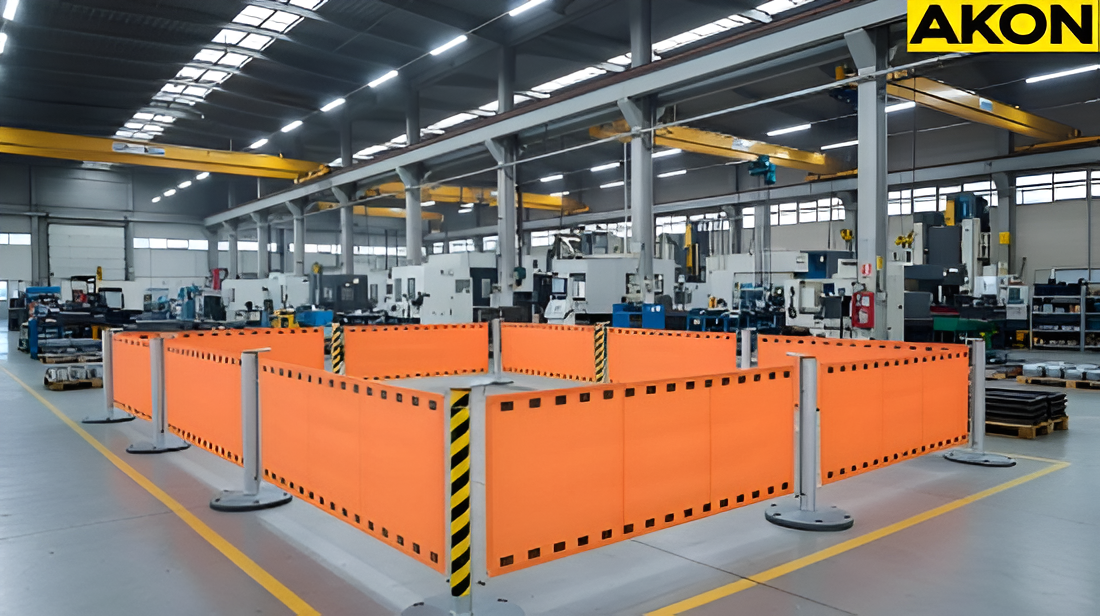 Dual retractable barrier configuration enclosing a large industrial work zone for safety controls