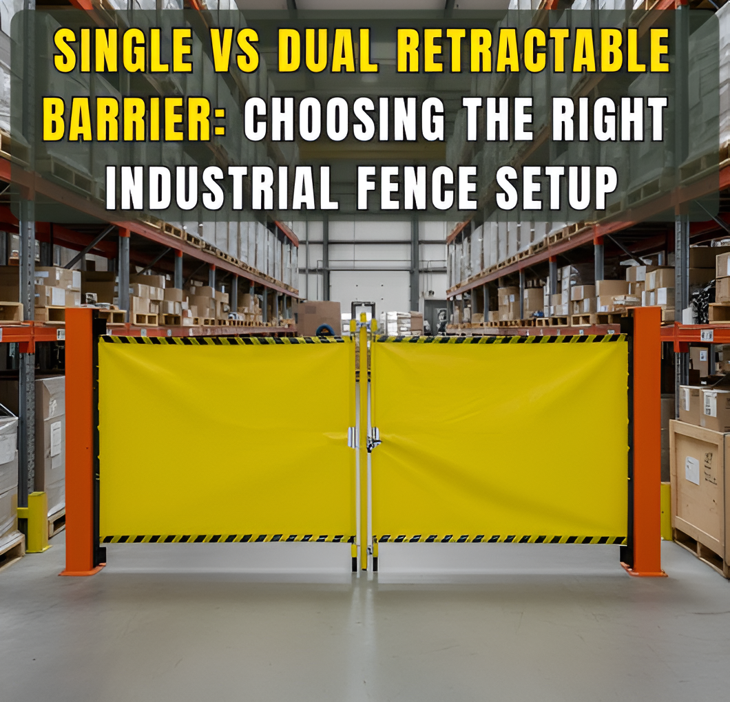 Dual retractable barrier setup used in a warehouse to control access and improve safety flow