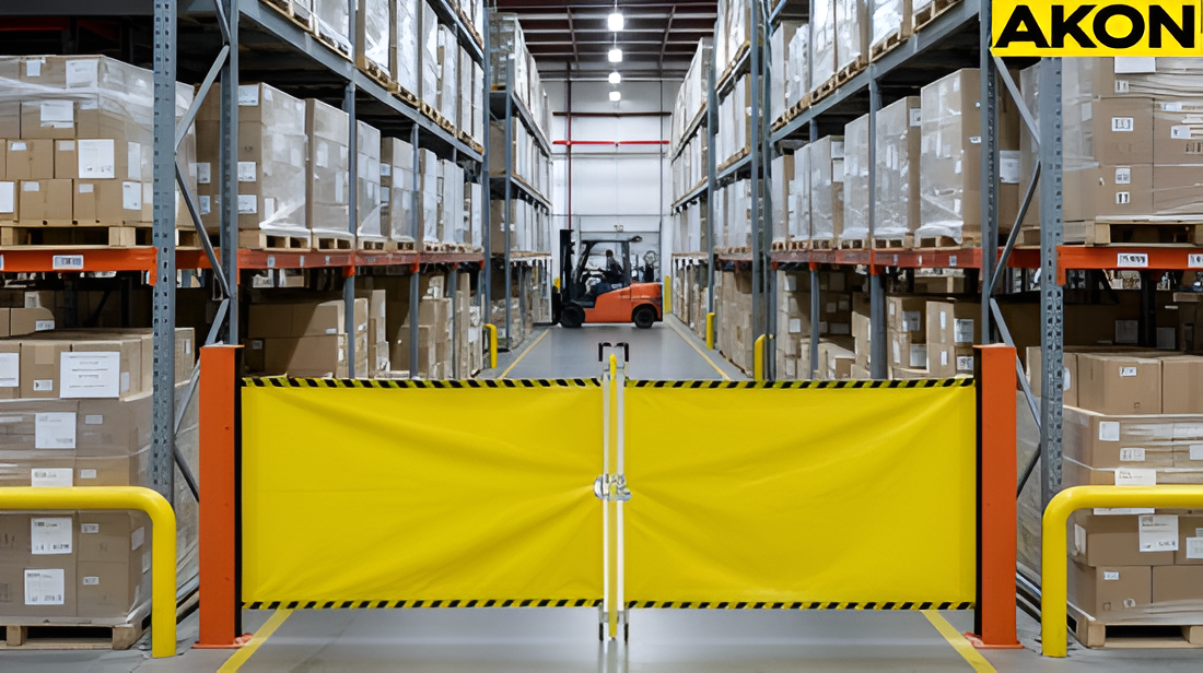 Forklift aisle closed with a yellow retractable safety barrier between pallet rack