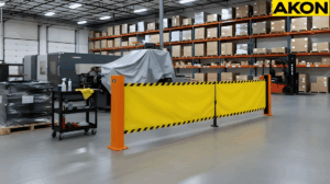Free standing industrial retractable barriers creating a defined work zone in a warehouse environment