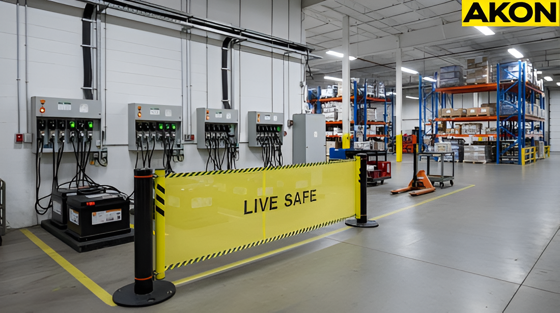 High visibility retractable barrier used to control access near warehouse charging equipments