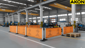 Industrial QA quarantine areas defined using orange retractable barrier panels inside manufacturing facilities