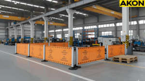 Industrial QA quarantine area defined using orange retractable barrier panels inside manufacturing facility