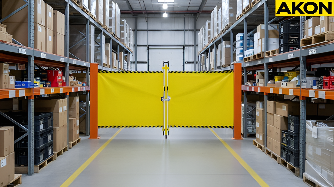 Industrial retractable barrier blocking warehouse aisle access to guide visitor foot traffics