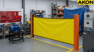 “Industrial retractable barrier creating a visible boundary around active machinery”