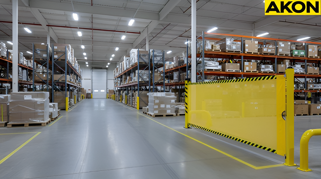 Industrial retractable barrier defining a safe visitor route near warehouse pallet storages