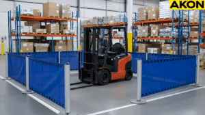 Industrial retractable barrier forming a temporary safety enclosure in a warehouse aisle