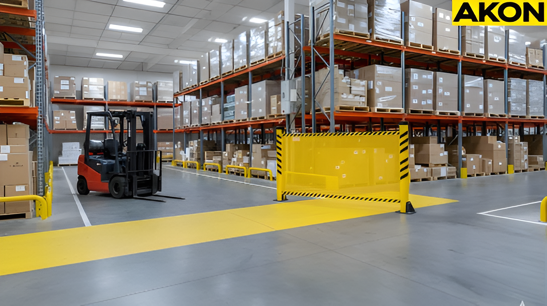 Industrial retractable barrier guiding forklift traffic through a shared warehouse aisle