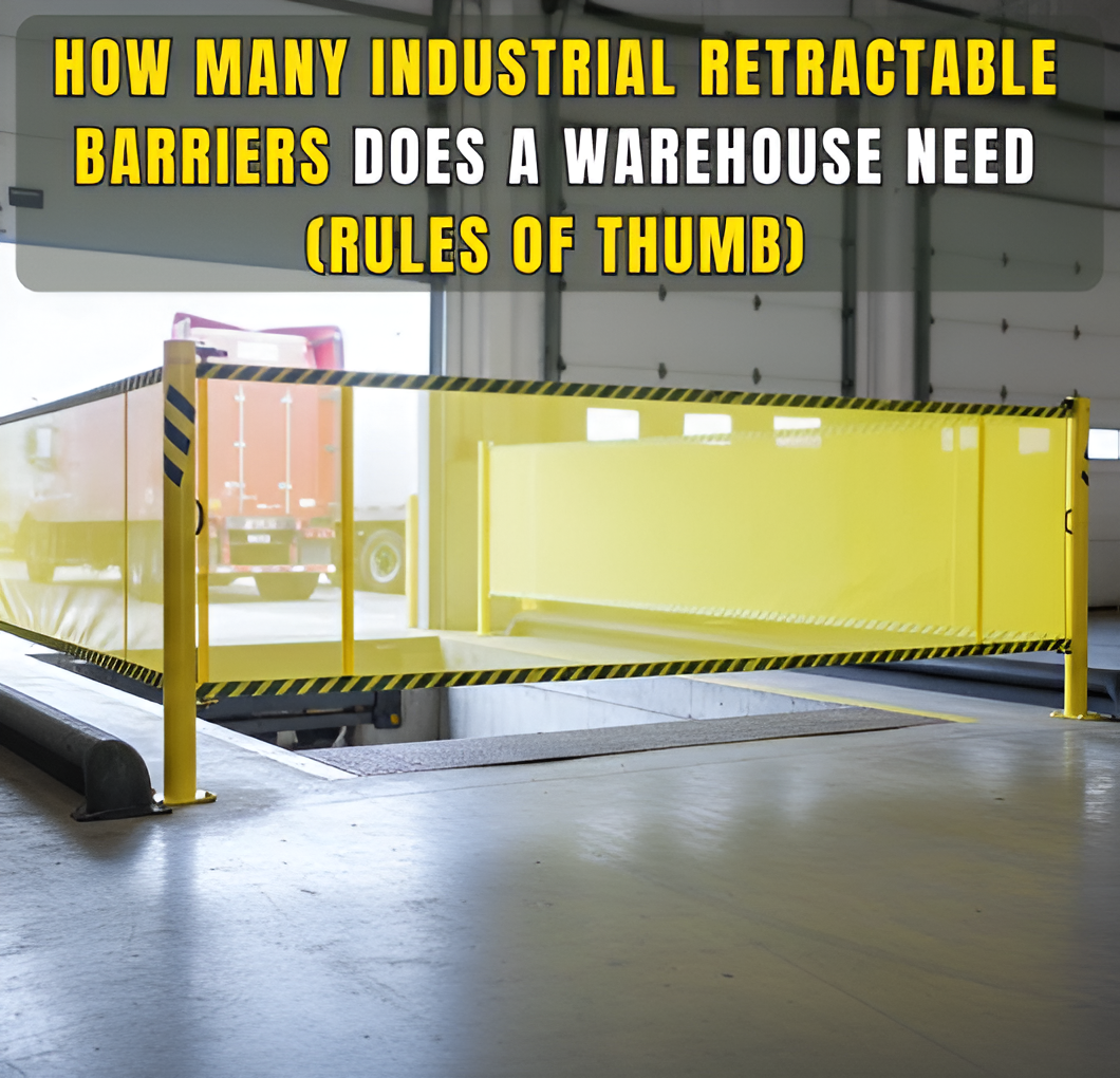 Industrial retractable barrier installed at a warehouse loading dock to prevent falls and control access