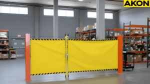 Industrial retractable barrier separating a maintenance area from active warehouse operation
