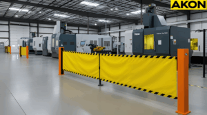 Industrial retractable barrier system blocking off equipment area for worker safety