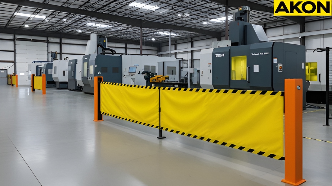 Industrial retractable barrier system blocking off equipment area for worker safety