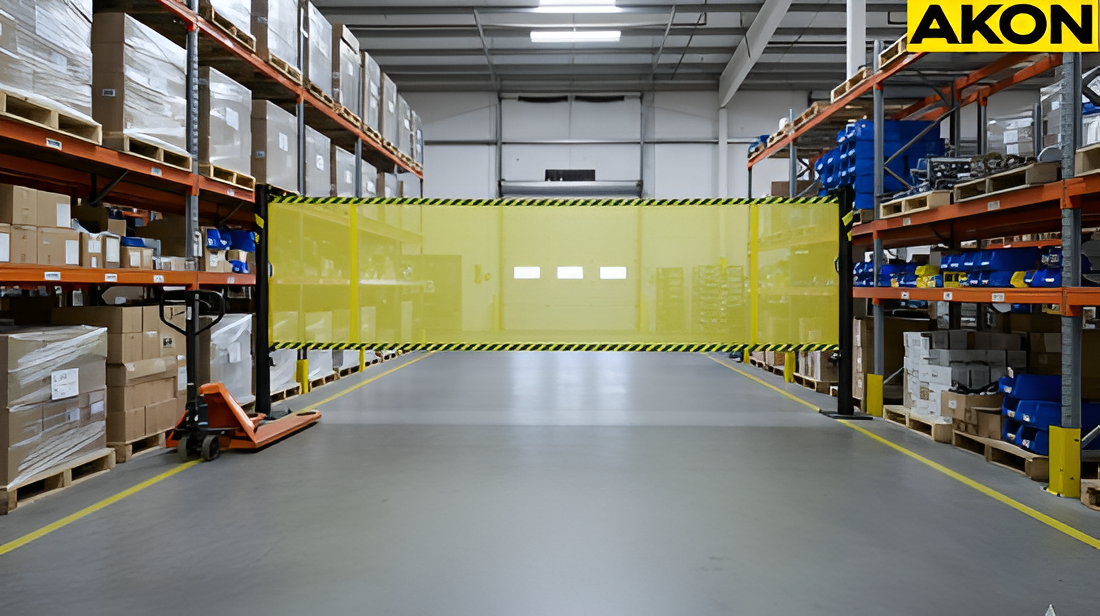 Industrial retractable barriers blocking access between warehouse storage aisles