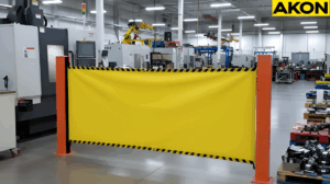 Industrial retractable barriers creating a temporary safety enclosure around active machinery in a manufacturing facility