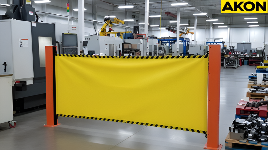 Industrial retractable barriers creating a temporary safety enclosure around active machinery in a manufacturing facility