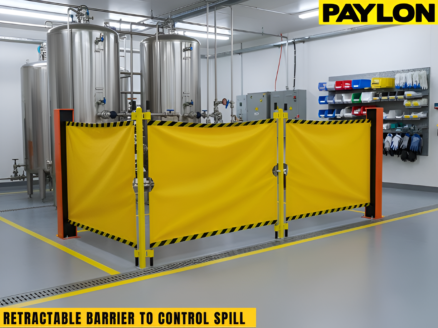 Industrial retractable barriers isolating a spill area inside a processing facility