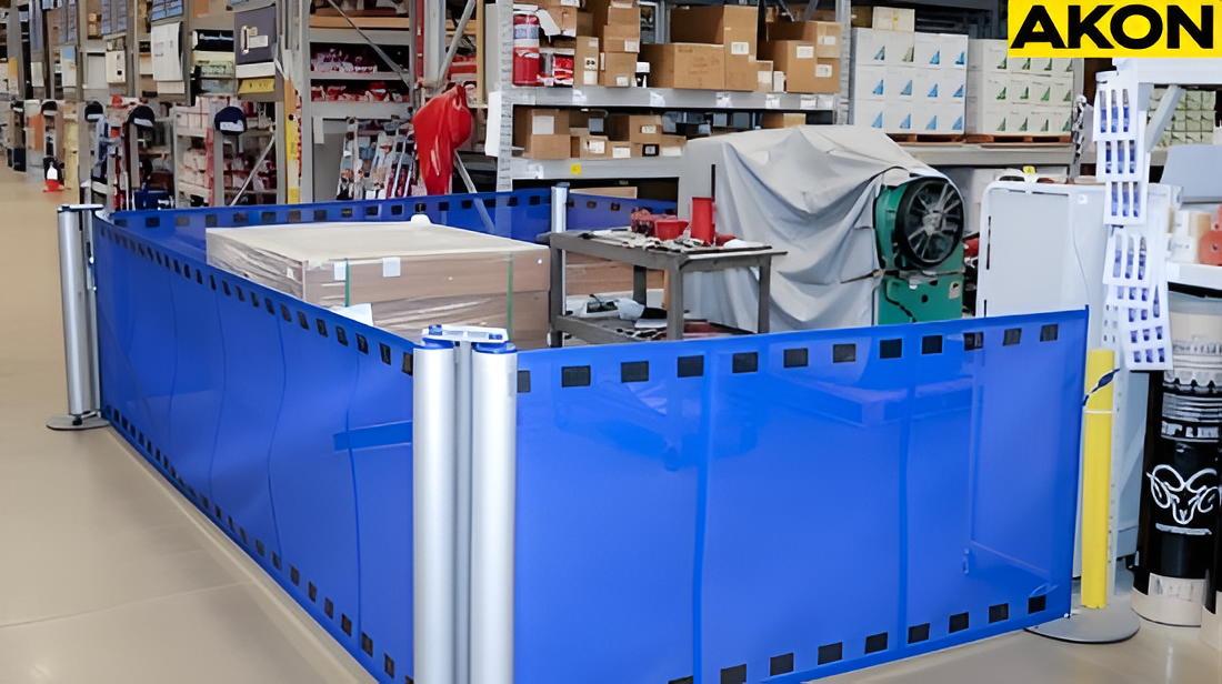 Industrial retractable barriers isolating a temporary staging area inside a warehouse aisle