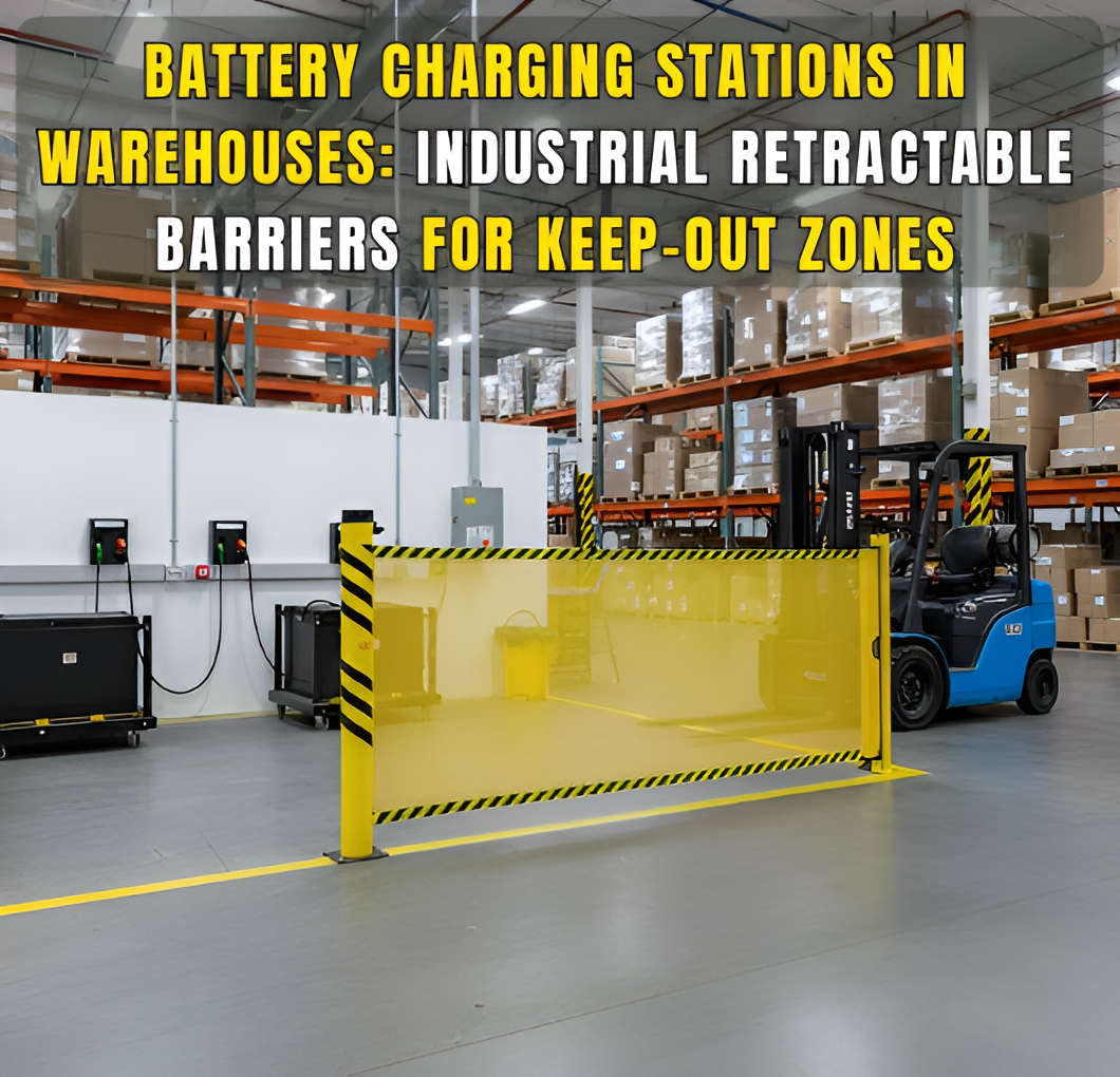 Industrial retractable barriers used to define keep out zones around warehouse battery charging station
