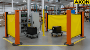 Industrial roll up barricade installed around warehouse battery charger to restrict access during charging