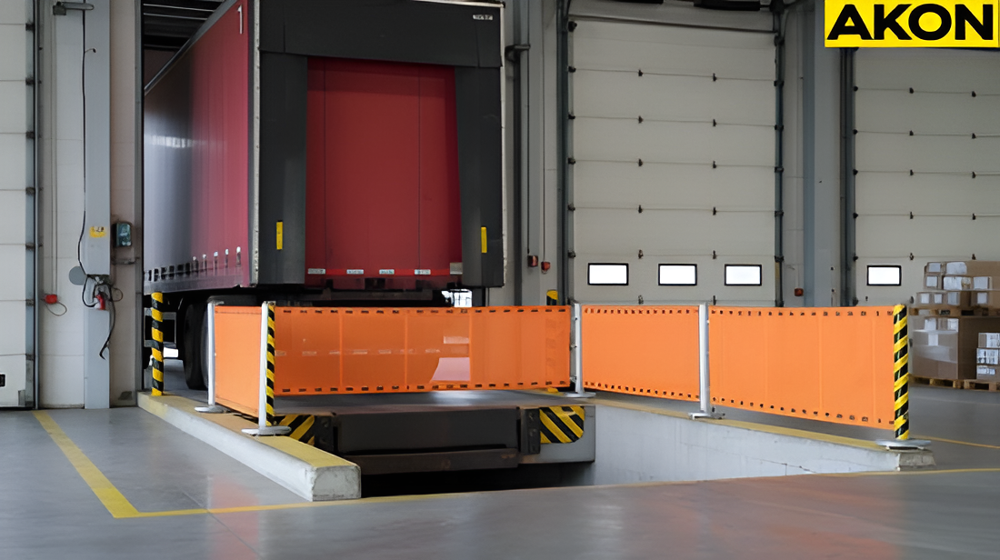 Industrial roll up barricade protecting an open loading dock edge inside an active warehouse
