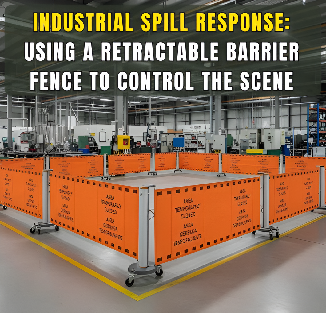 Industrial spill response area secured with retractable barrier fencing inside a manufacturing plants