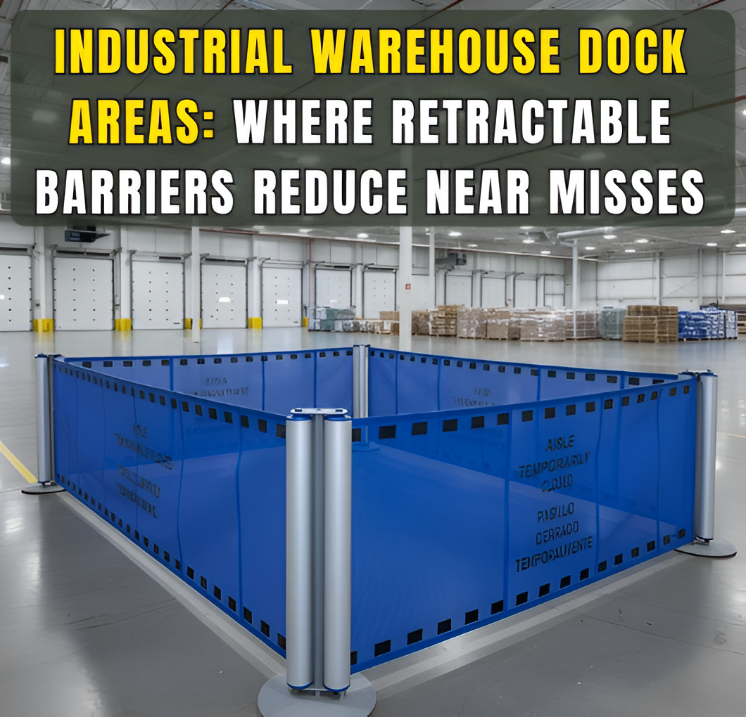 Industrial warehouse dock area showing retractable barriers used to reduce near miss