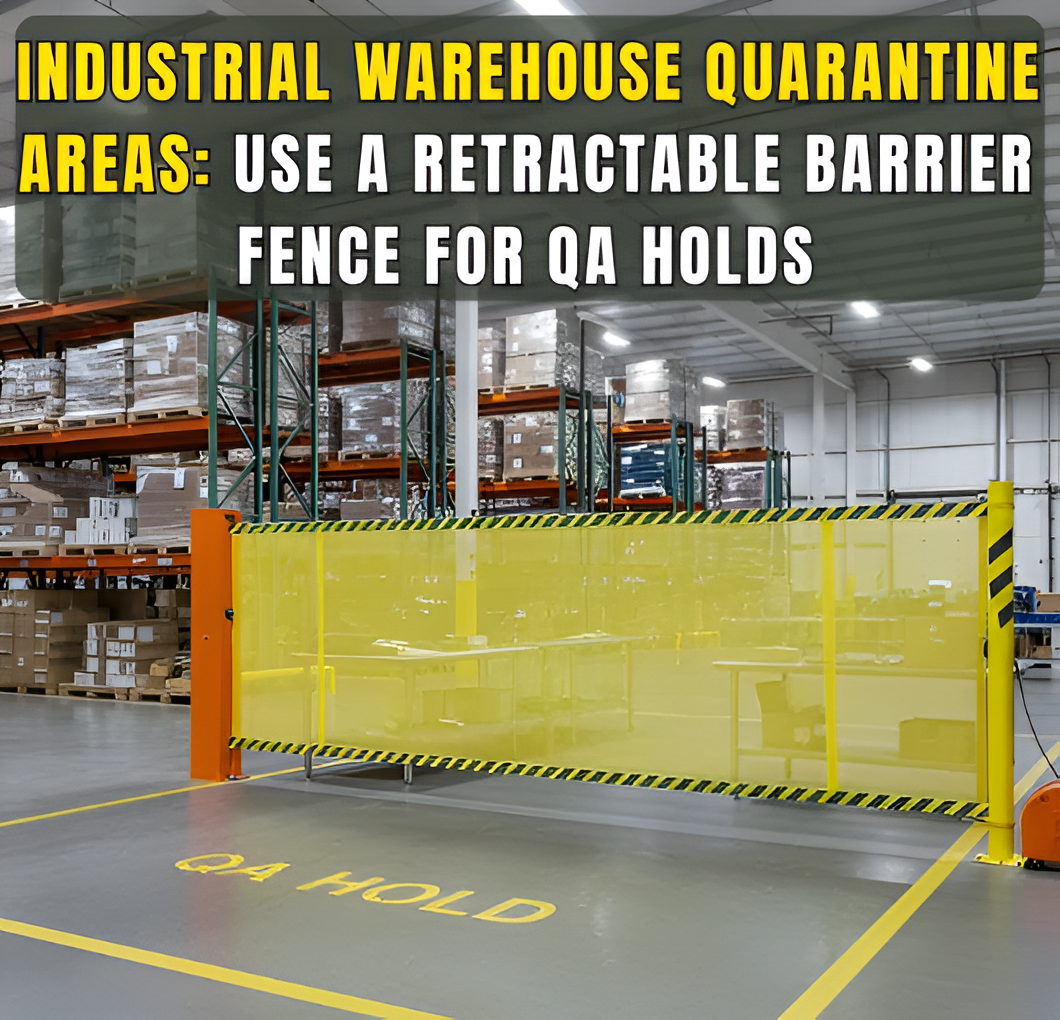 Industrial warehouse quarantine areas using retractable barrier fence to control QA hold access