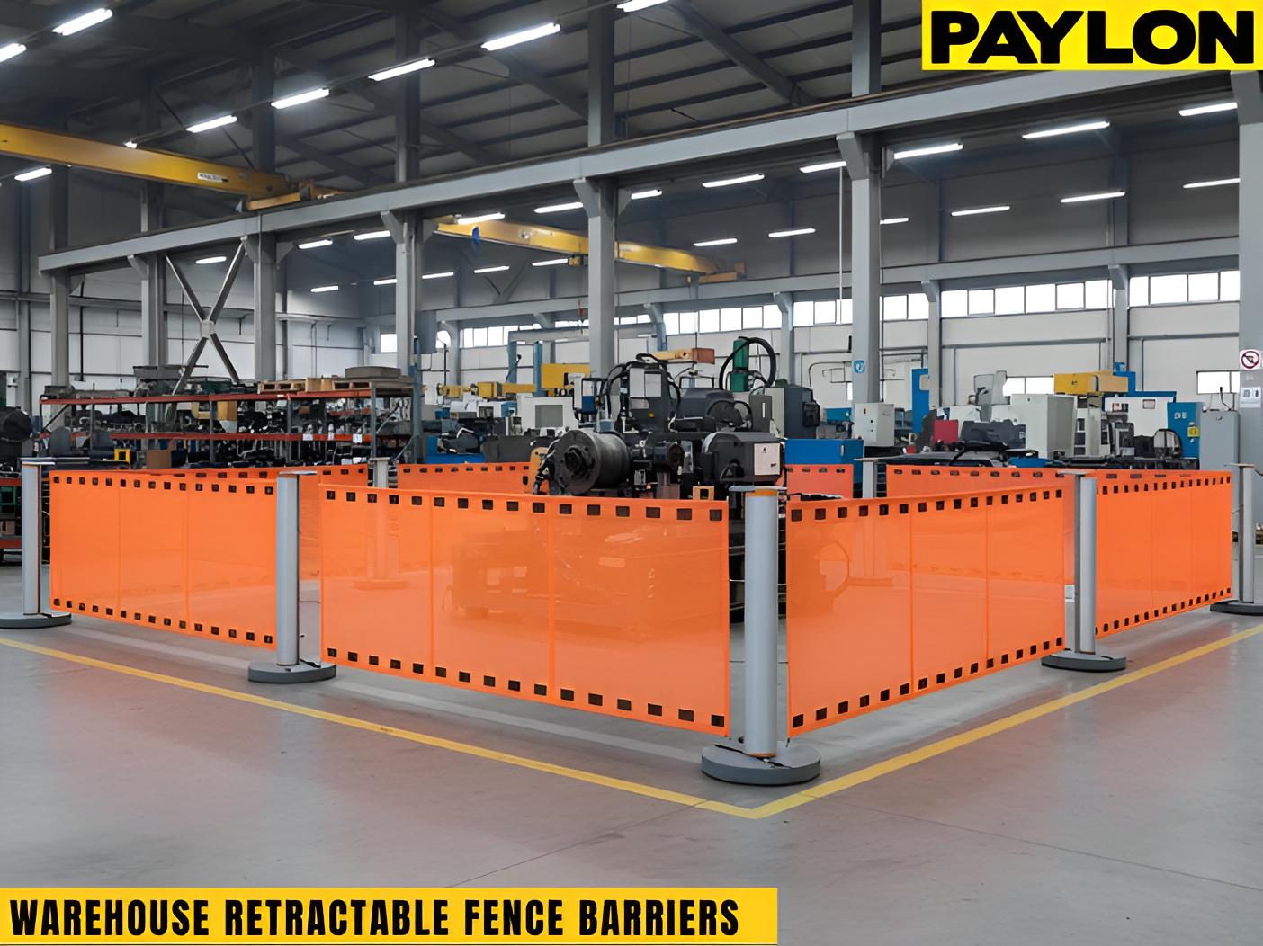 Industrial warehouse retractable fence barriers enclosing machinery to block off temporary hazard zones