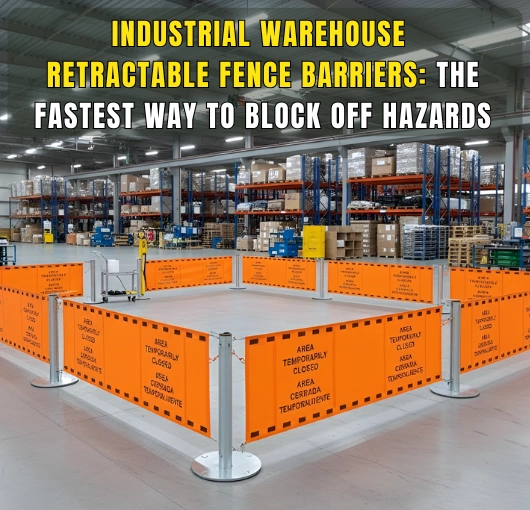 Industrial warehouse retractable fence barriers used for fast hazard control in high-traffic areas