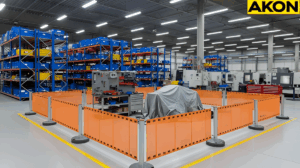 “Industrial work area using orange retractable barriers to define temporary safety zones”