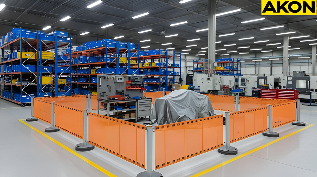 “Industrial work area using orange retractable barriers to define temporary safety zones”