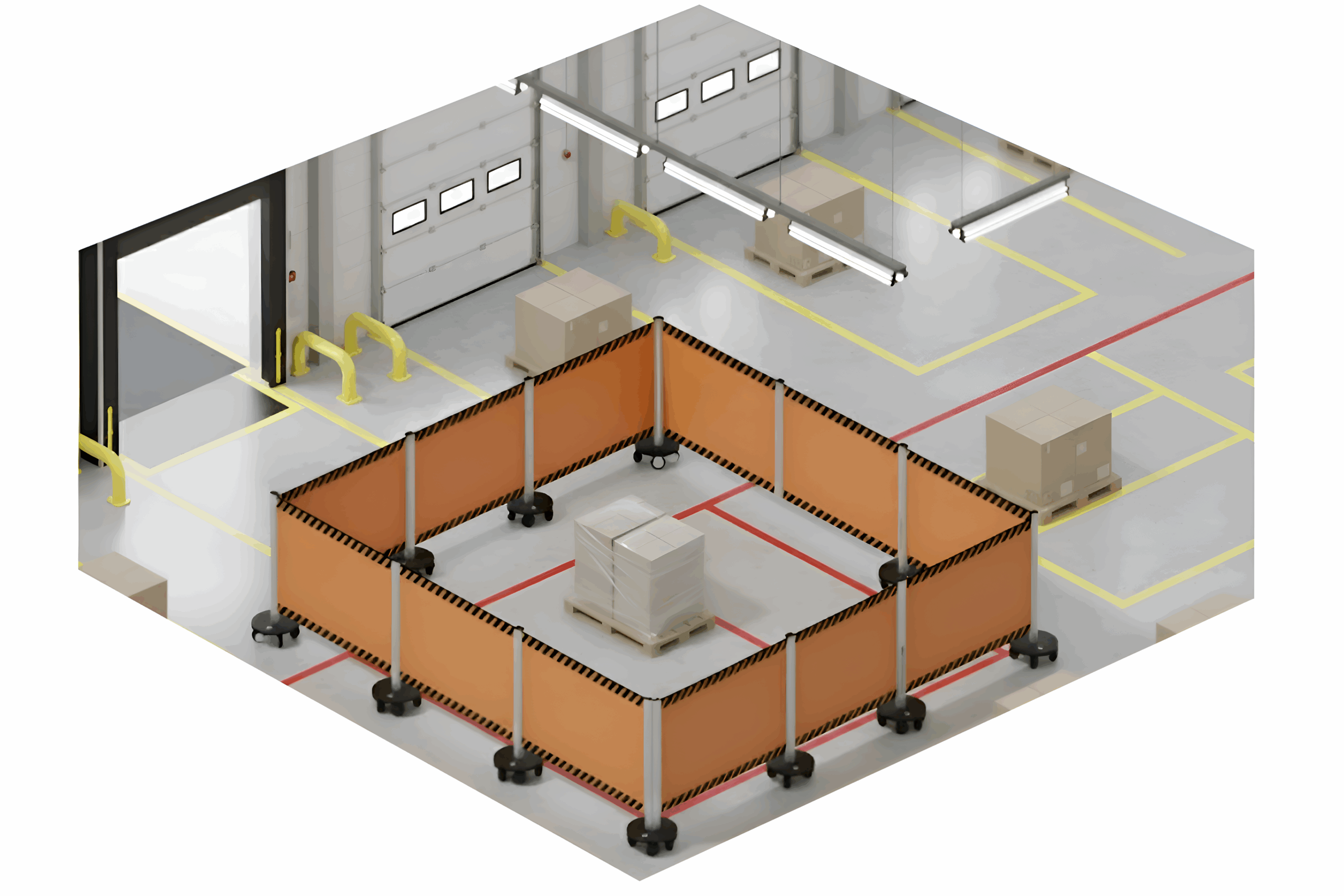 Isometric illustration of an industrial warehouse dock area showing a temporary safety zones