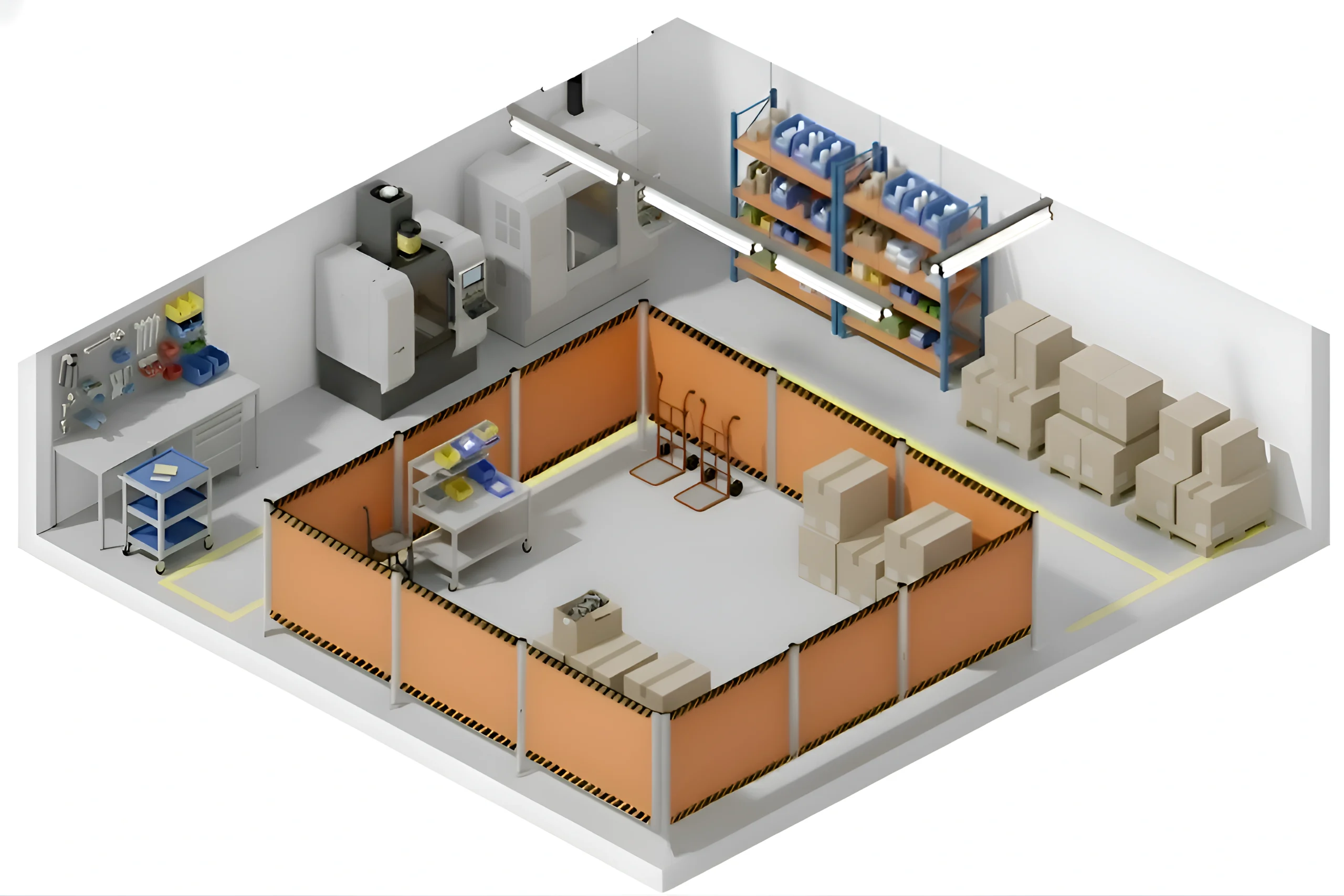 “Isometric illustration of industrial workspace using retractable barriers for 5S layout control”