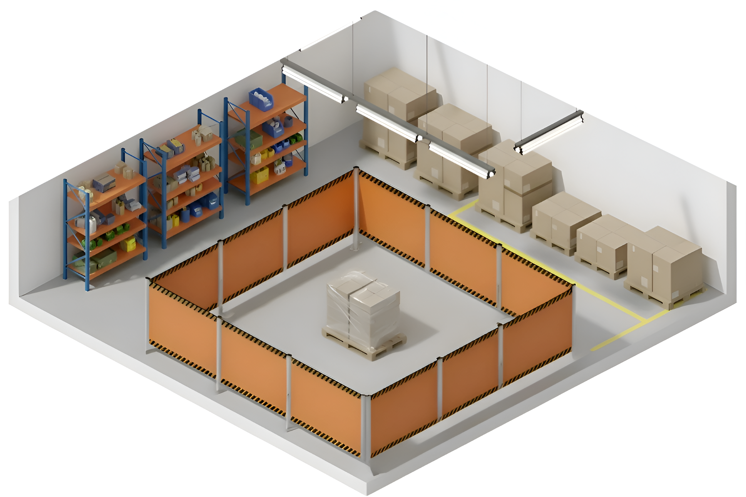 Isometric illustration showing a dual retractable barrier layout inside a warehouse environmens