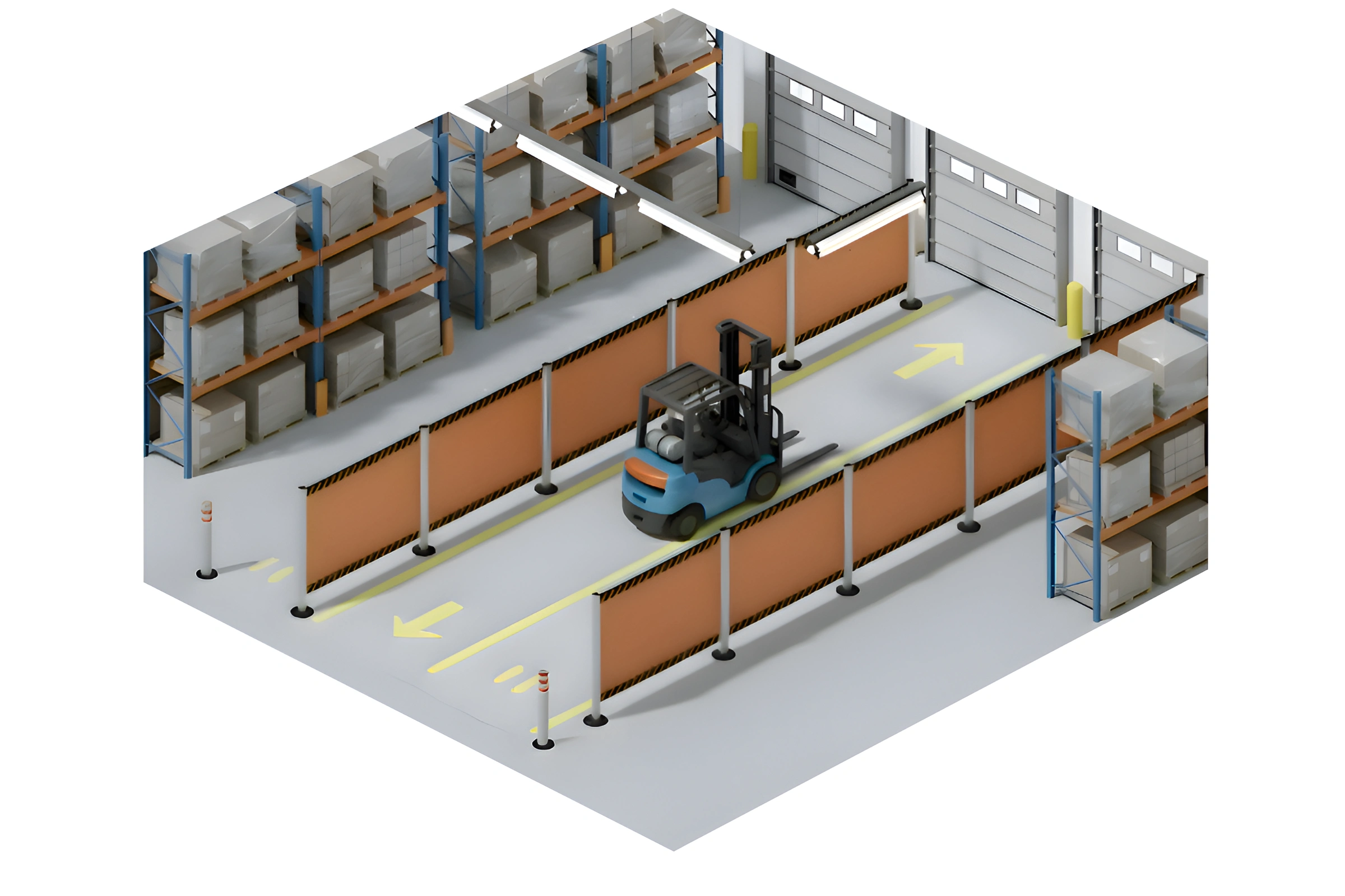 Isometric view of a forklift travels lane separated from pedestrian areas using retractable safety barriers