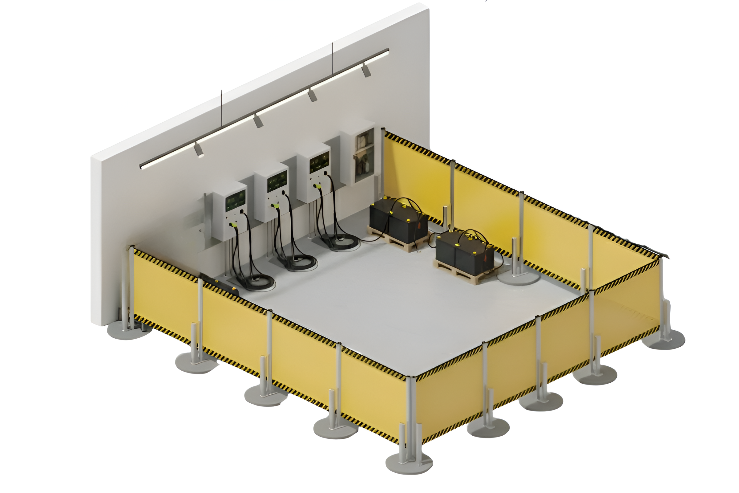 Isometric view of a warehouse battery charging stations surrounded by retractable safety barrier