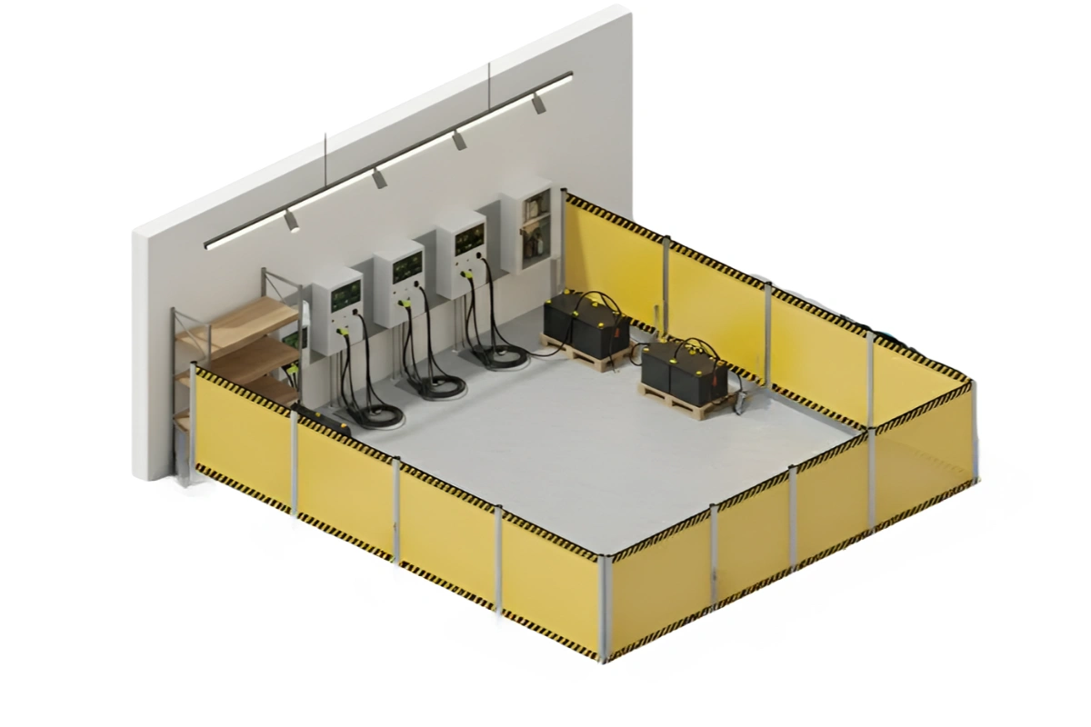 Isometric view of a warehouse battery charging stations surrounded by retractable safety barrier