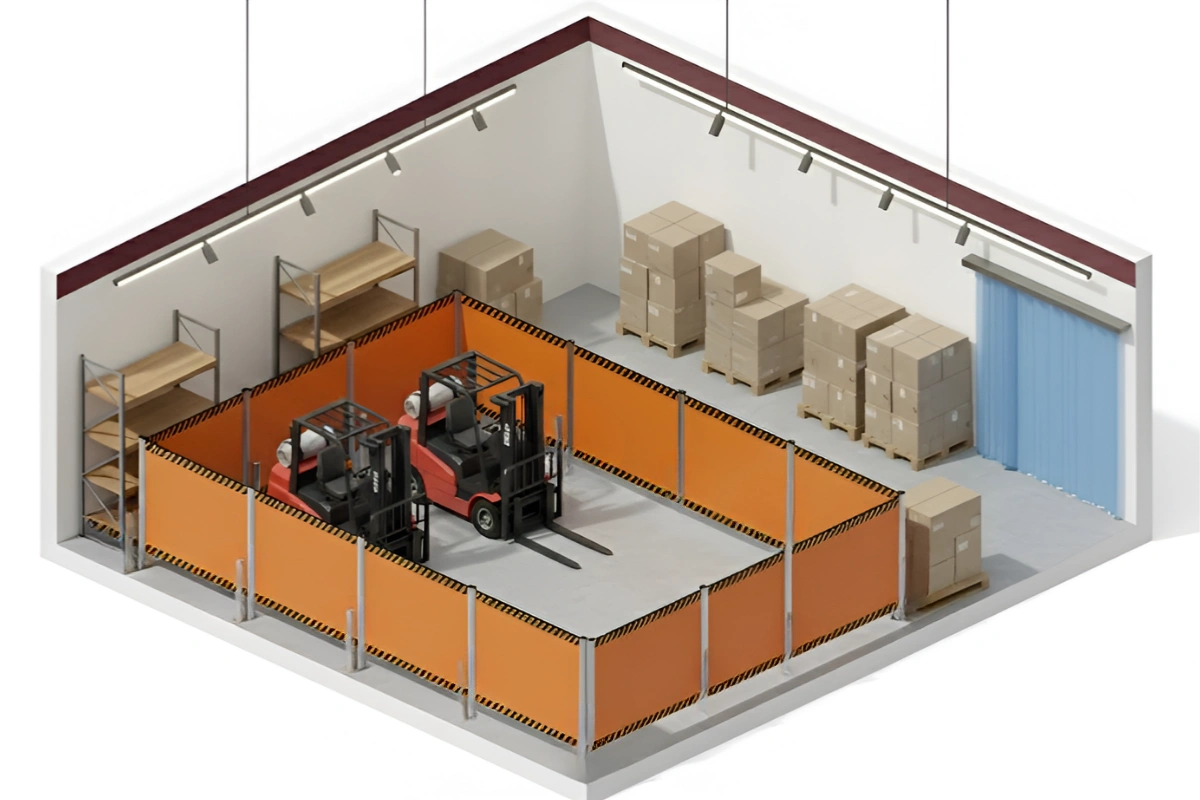 Isometric view of a warehouse forklift areas enclosed by retractable safety barriers for controlled access