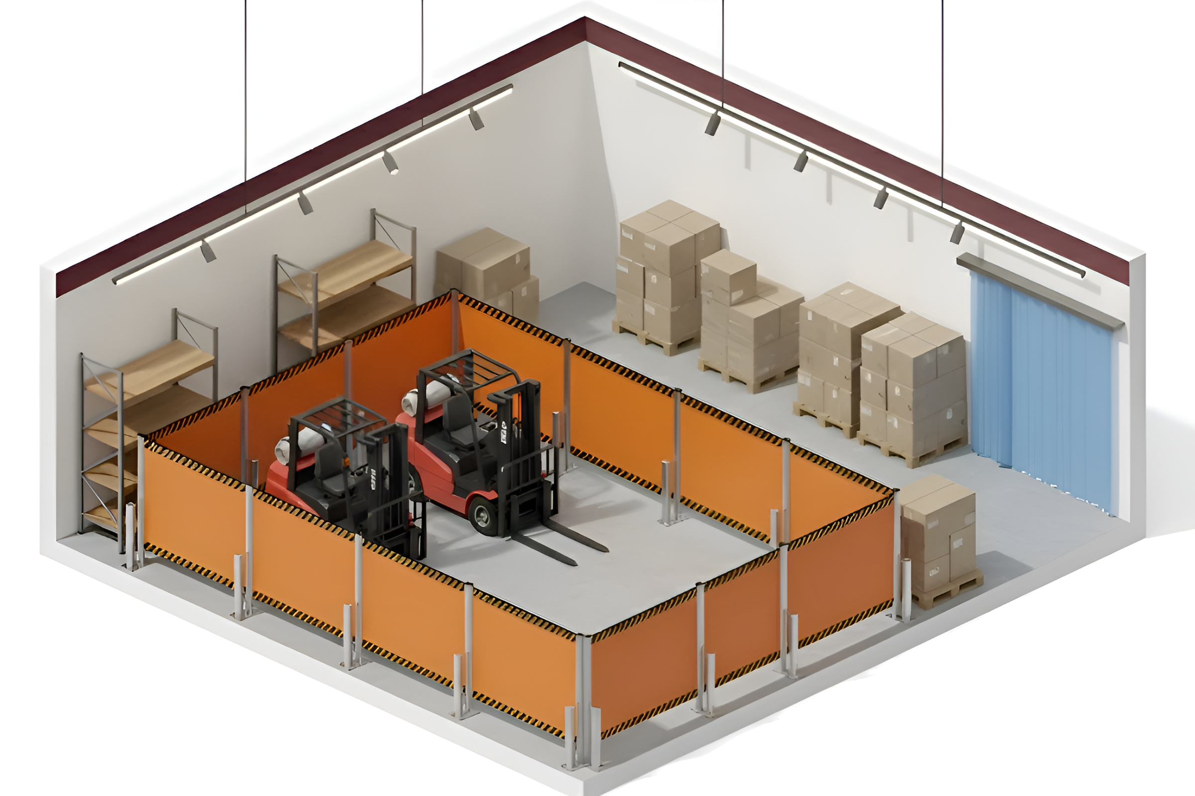 Isometric view of a warehouse forklift areas enclosed by retractable safety barriers for controlled access